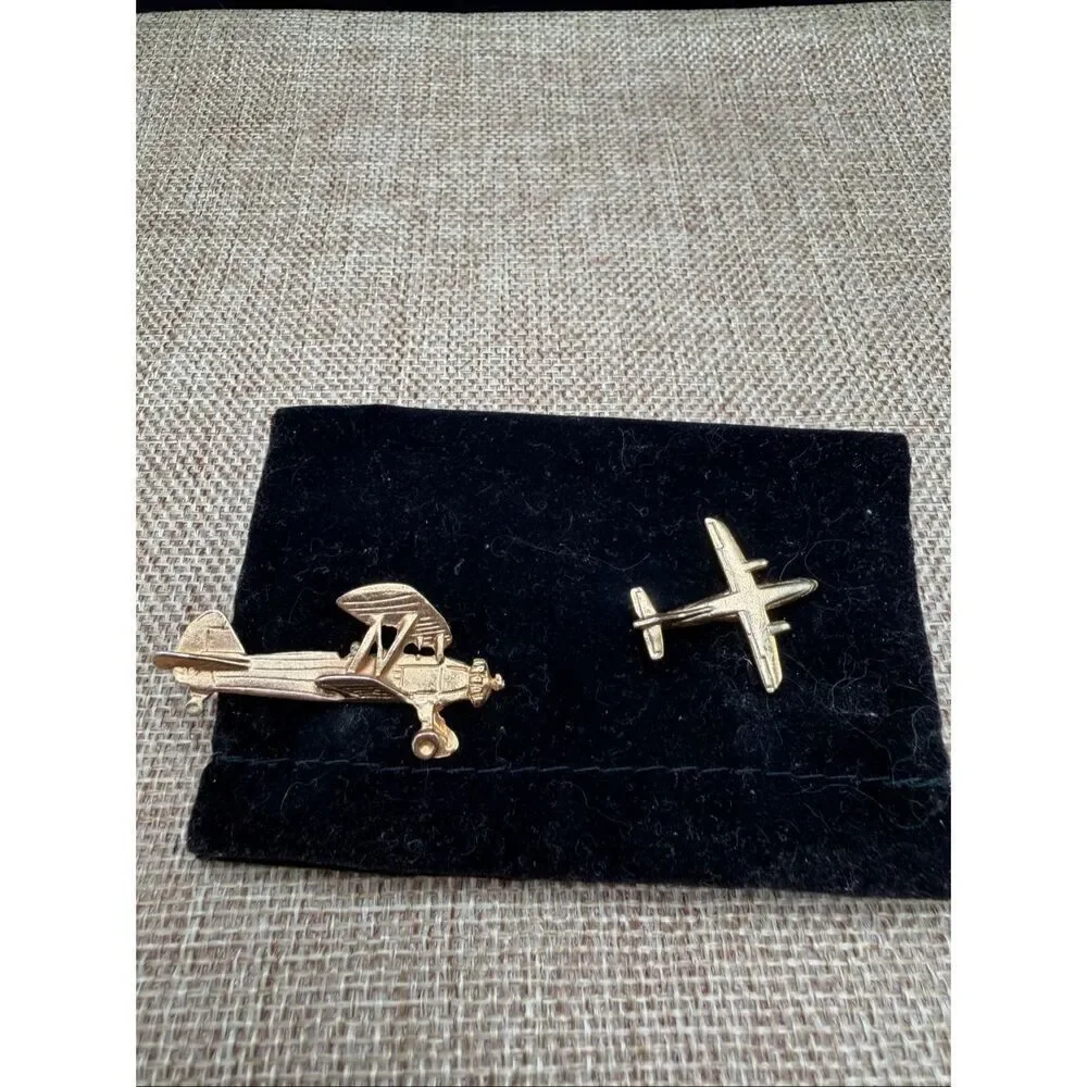 Vintage Airplane Tie Tack Lot Biplane & Jet – Gold-Tone – Pilot Aviator Collecti